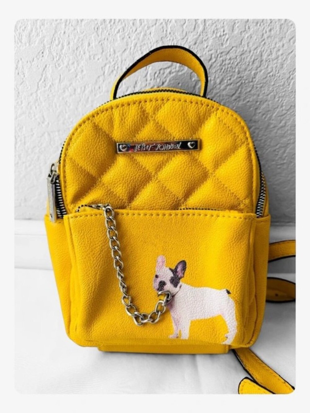 Betsey Johnson Yellow Quilted Mini Backpack with Dog Patch